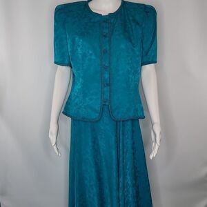 Vintage Maggy London Turquoise Silk 2 Piece Circle Skirt Set